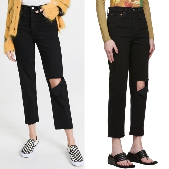 NWT RE/DONE 70s High Rise Rip Knee Raw Hem Ankle Crop Stovepipe Straight Jean 26 - Picture 7 of 13